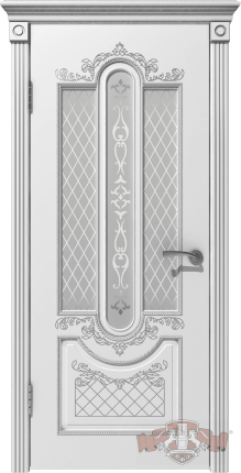 Межкомнатная дверь Александрия, остеклённая, белый, патина серебро